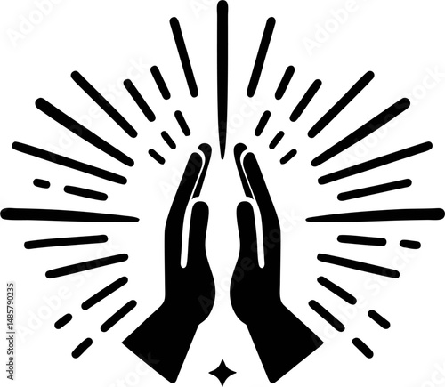 Minimalist Vector Illustration of Hands Clapping or Praying with Radiating Lines, Black and white minimalist vector illustration depicting two stylized hands coming together in a clapping or praying 