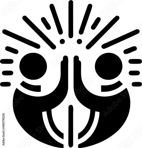 Vector Icon of Two People High-Fiving with Celebration Lines, Minimalist black and white vector illustration of two abstract human figures giving a high five, surrounded by celebratory rays or energy 