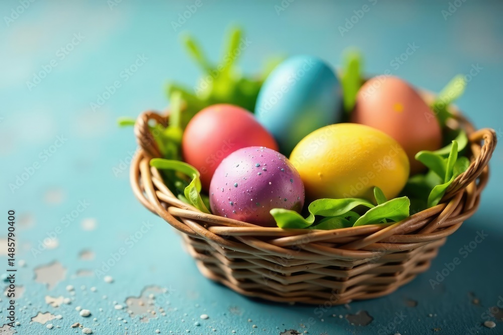 Naklejka premium Vibrant dyed Easter eggs in a basket, colorful spring decoration , celebratory, tradition, seasonal