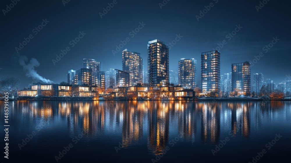 Naklejka premium Modern city skyline at night reflected in water