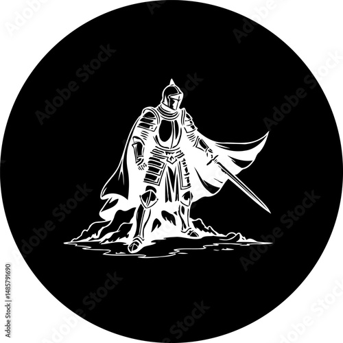Monochromatic depiction of a knight in shining armor wielding a sword