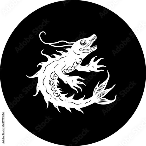 Stylized monochrome depiction of a mystical creature enclosed within circle design