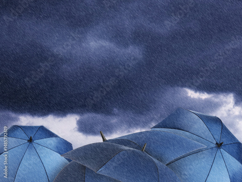 Photography Blue umbrellas under heavy rain. Stormy weather