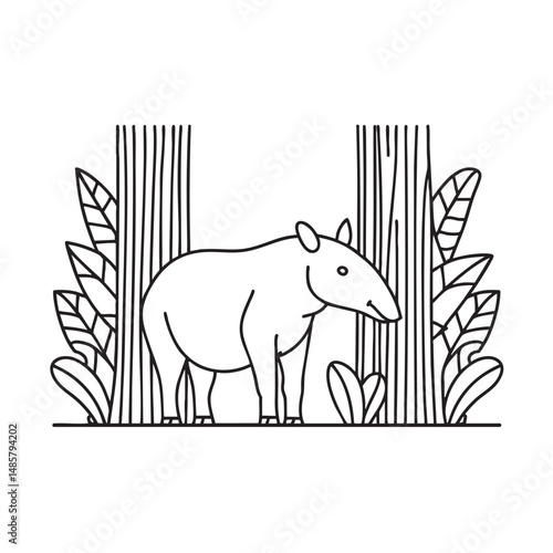 A tapir hiding behind tree trunks in a rainforest scene