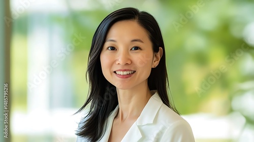Portrait of a smiling Asian woman professional wearing a white jacket against a blurred green background