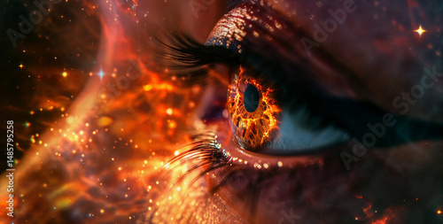 Close-up of an eye with fiery explosion and glowing embers
