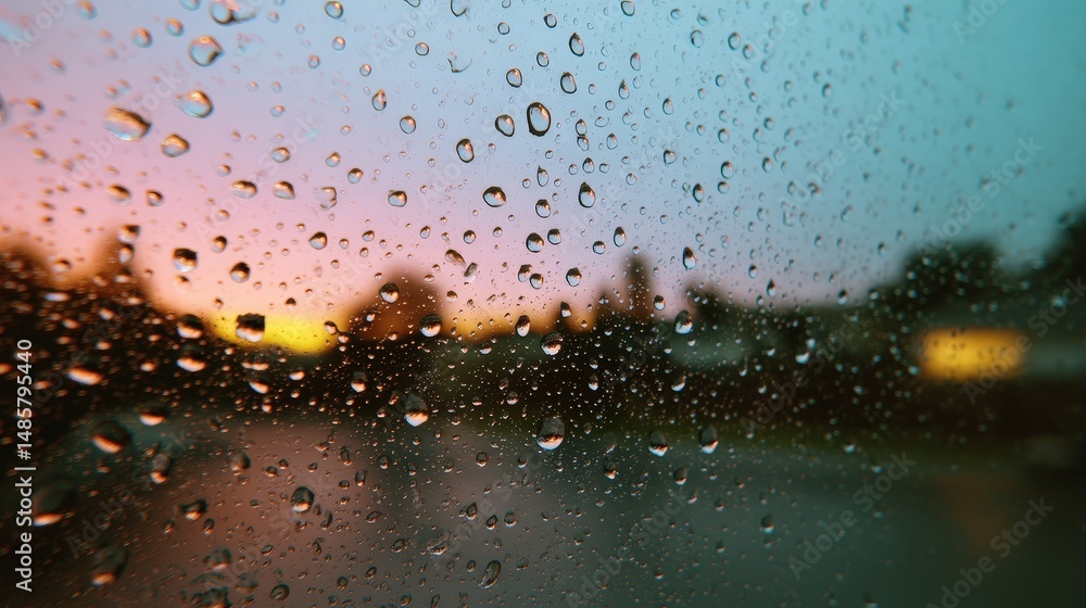 Fototapeta premium Raindrops on Windowpane with Sunset Reflections Creating a Dreamy Atmosphere