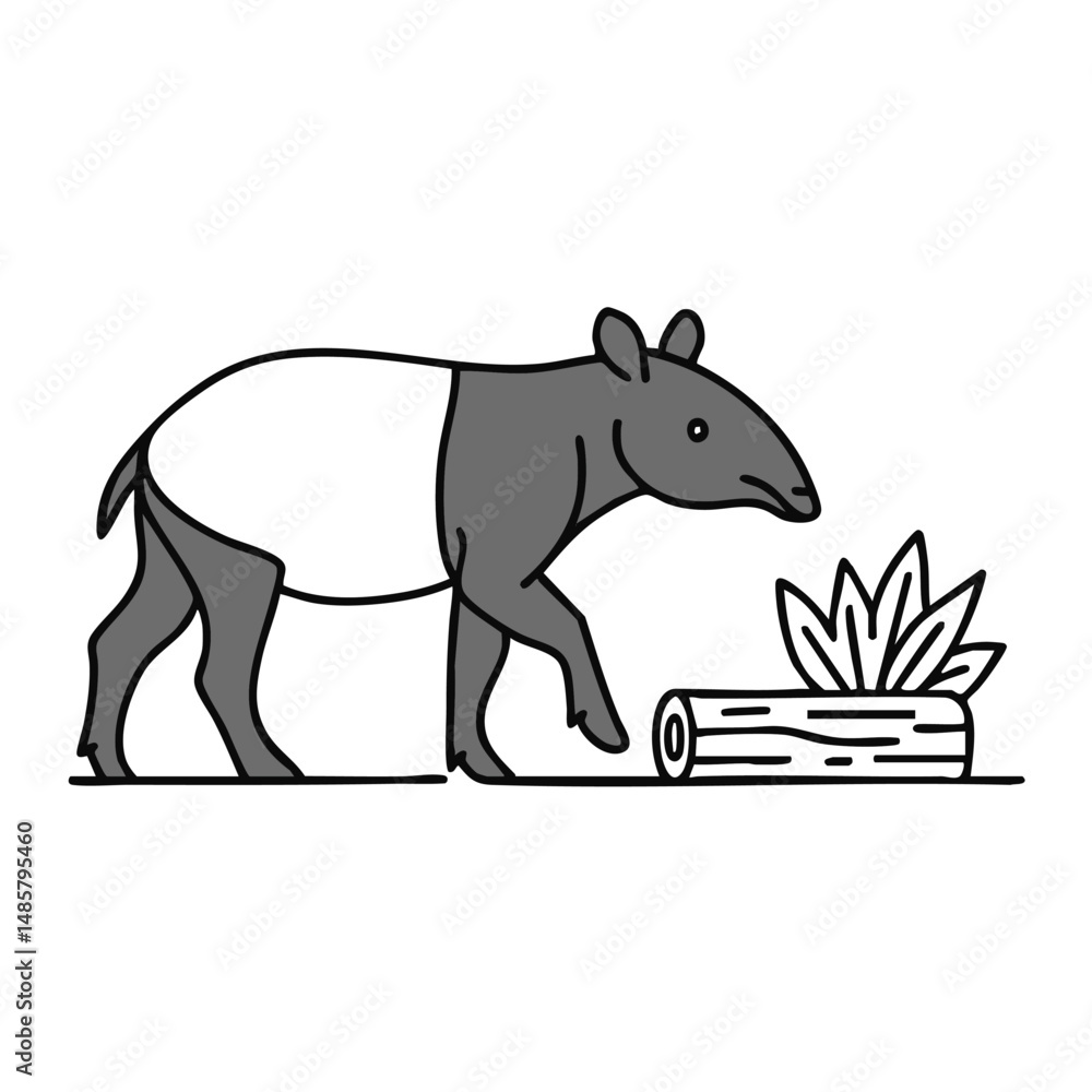 Fototapeta premium A tapir walking beside a fallen log on a jungle path