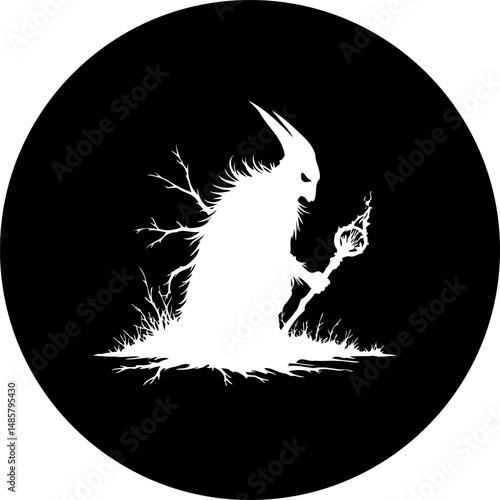 Monochromatic depiction of a mysterious being wielding a mystic scepter