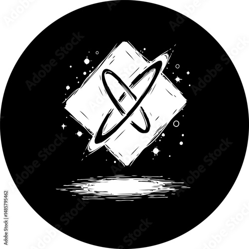 Abstract planetary symbol with stylized square over radiant reflecting ground
