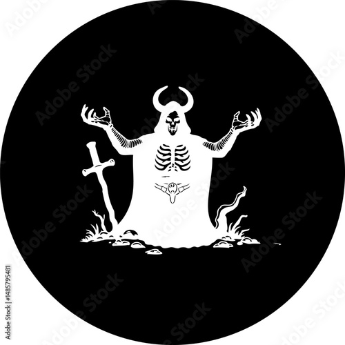 Mysterious horned figure emerging from darkness in circular graphic art