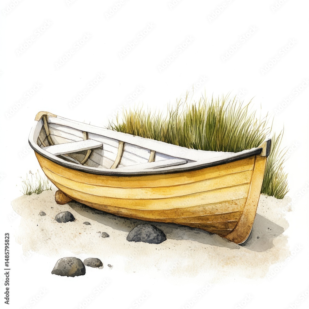 Naklejka premium Yellow wooden boat on sandy shore