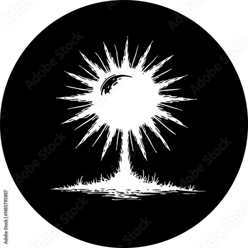 Stylized celestial body illustration with radiant beams in monochrome circle