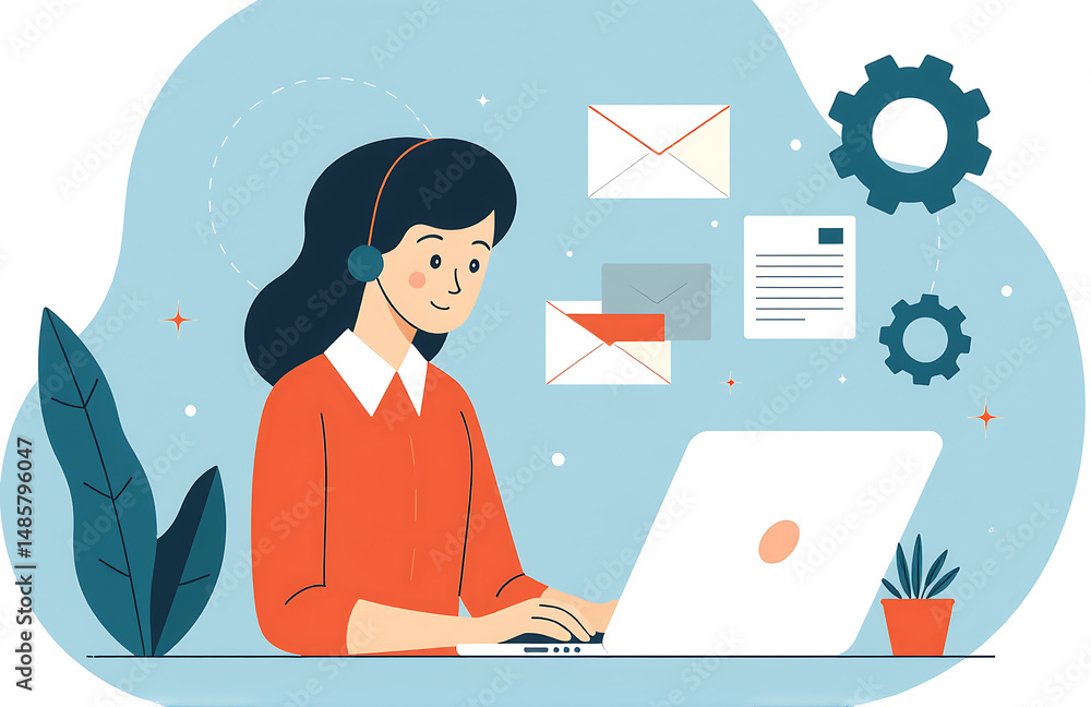 flat design animation businesswoman headset works laptop email documents gears surround flat design animation businesswoman headset works laptop email documents gears surround