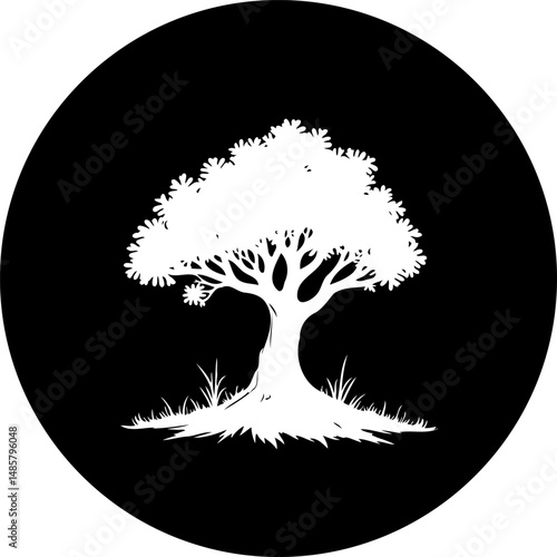 Monochrome botanical emblem presenting a stylized arboreal form on dark field