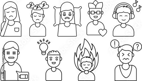 Emotion and mental health icons – burnout, stress, anxiety, joy, mindfulness, creativity, confusion, and relaxation faces – black and white line art for apps, UI, and education
