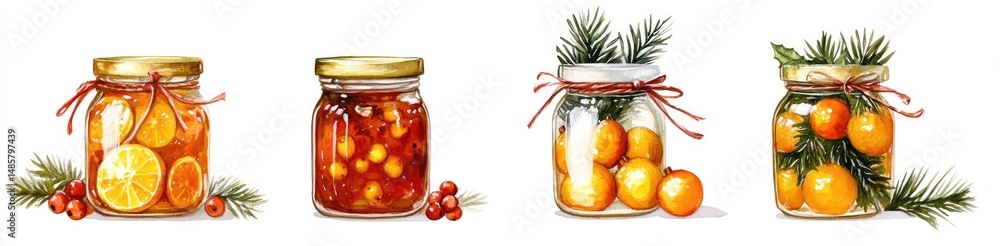 Christmas-themed glass jars filled with preserved fruit Christmas-themed glass jars filled with preserved fruit