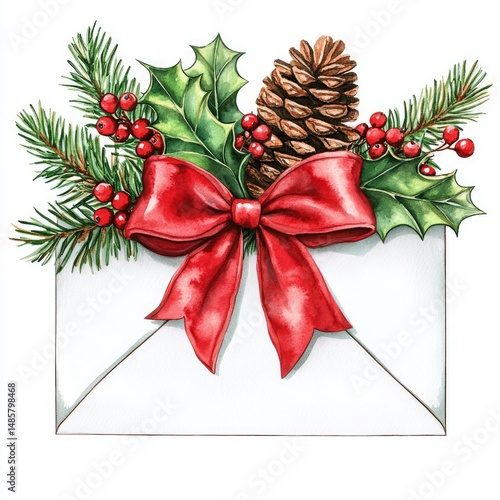 Festive Christmas mail envelope.  A white envelope adorned with Christmas greenery, holly, pine cone, and a vibrant red ribbon bow