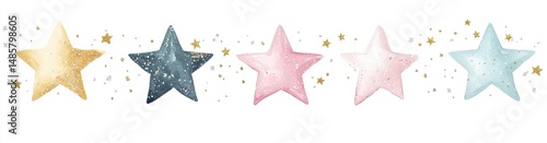 Watercolor stars in pastel colors with gold glitter