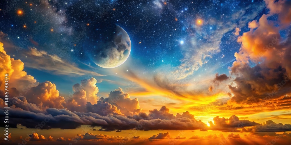 Fototapeta premium Dramatic Sunset Sky, Bokeh Night Moon, Starry Nature Background, Gold Orange Hues, Cloudy Atmosphere
