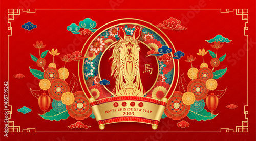 Card Happy Chinese New Year 2026. Horse gold zodiac sign on red background with flower cloud and lantern. China lunar calendar animal.  Translation happy new year, Year of the horse. Vector.