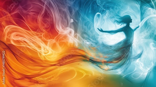 Abstract rendering of a woman figure amidst swirling colorful smoke imagery