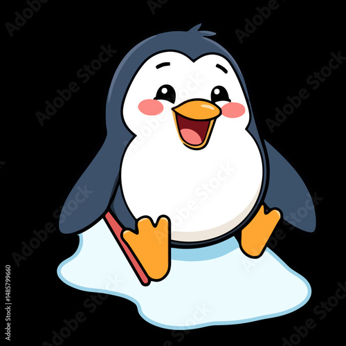 Charming Penguin Illustration: A cheerful penguin smiles and sits in the ice, exuding warmth and joy. This adorable illustration captures the essence of winter delight.