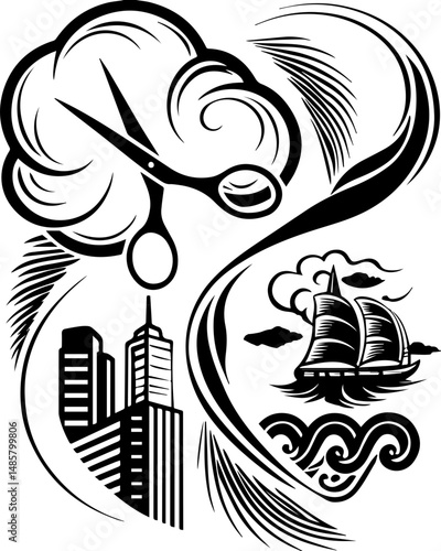 Vector SVG of ghostly shipwrights with skull motifs.Artistic Representation of Cityscape, Clouds, Scissors, and Ship