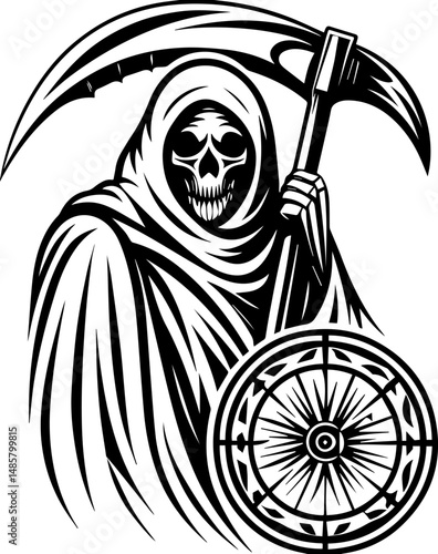 Vector SVG of ghostly shipwrights with skull motifs.Grim Reaper with Scythe and Wheel Symbol in Black and White Style