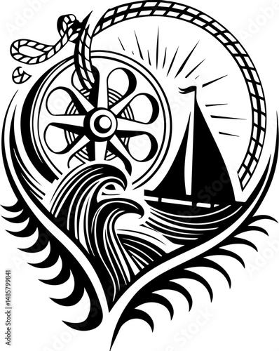Vector SVG of ghostly shipwrights with skull motifs.Tribal Maritime Design Featuring Ship Wheel, Sailboat, and Eagle