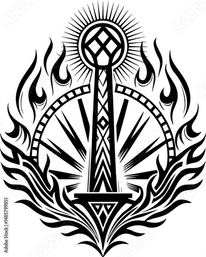 Vector SVG of ghostly shipwrights with skull motifs.Intricate Tribal Sword Design with Flames and Radiant Sunburst