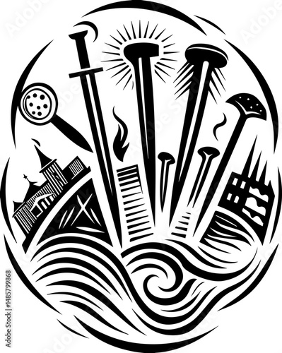 Vector SVG of ghostly shipwrights with skull motifs.Bold Abstract Black and White Design Featuring Swords and Waves