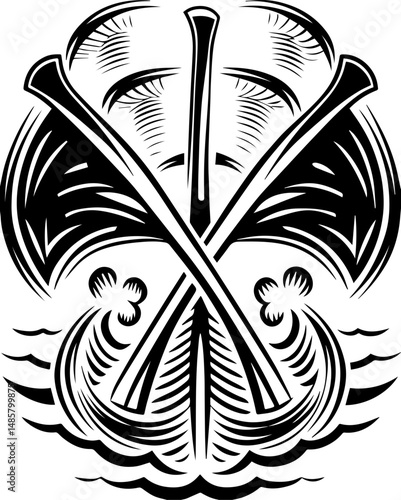 Vector SVG of ghostly shipwrights with skull motifs.Vintage Style Graphic of Crossed Oars and Water Waves Design