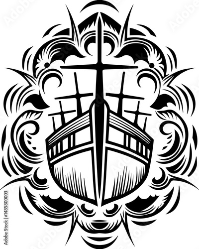 Vector SVG of ghostly shipwrights with skull motifs.Intricate Black and White Ship Design with Stylized Waves and Flourishes