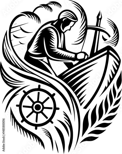 Vector SVG of ghostly shipwrights with skull motifs.Vintage Sailor with Anchor in Bold Black and White Design Artwork