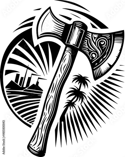 Vector SVG of ghostly shipwrights with skull motifs.Vintage Wood Axe with Artistic Design and Tropical Landscape Background