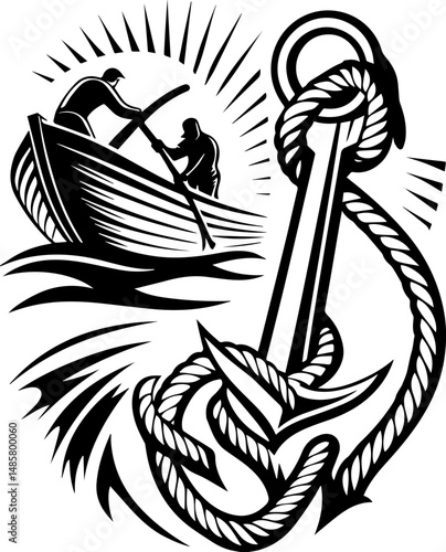 Vector SVG of ghostly shipwrights with skull motifs.Fishermen Handling Anchor in Black and White Artistic Illustration