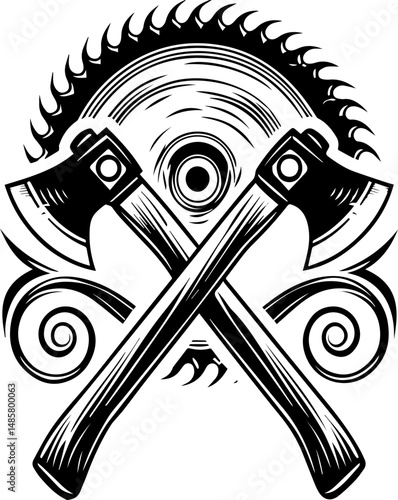 Vector SVG of ghostly shipwrights with skull motifs.Vintage Black and White Axes and Saw Blade Emblem Design