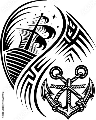 Vector SVG of ghostly shipwrights with skull motifs.Elegant Nautical Tattoo Design with Ship and Anchor Motif