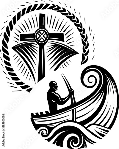 Vector SVG of ghostly shipwrights with skull motifs.Fisherman Silhouette with Cross and Waves Artistic Black and White Design