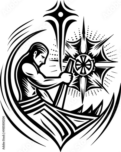 Vector SVG of ghostly shipwrights with skull motifs.Powerful Warrior Crafting a Sword in Dynamic Black and White Design