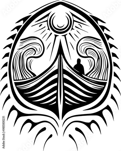 Vector SVG of ghostly shipwrights with skull motifs.Intricate Black and White Nautical Artwork with Waves and Sailor