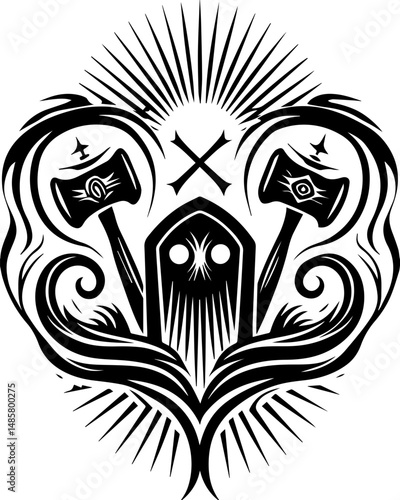 Vector SVG of ghostly shipwrights with skull motifs.Intricate Black and White Tribal Design Featuring Hammers and Shield