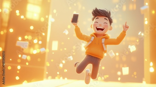 Animated character celebrating success with a phone in urban environment