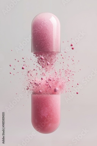 A pink pill with pink powder falling out of it