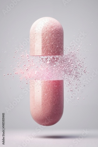 A pink pill with a pink substance falling out of it