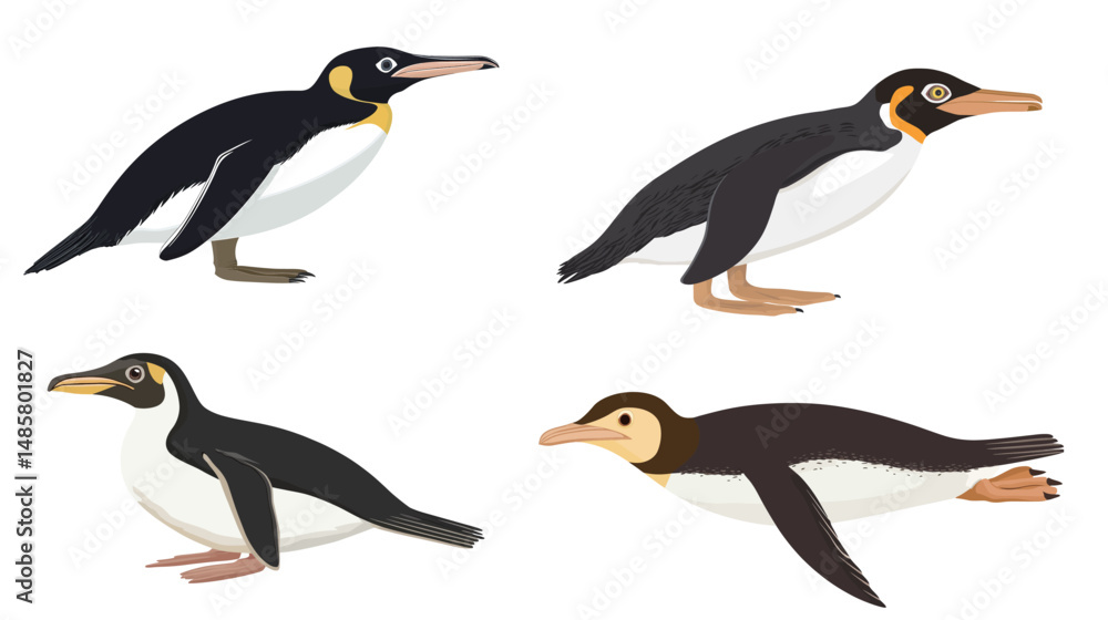 Obraz premium Yellow-eyed penguin standing against a clean white background, detailed close-up of this rare and unique bird species with striking yellow eyes and sleek black and white feathers, wildlife and nature 