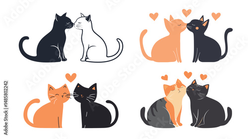 Two cute cartoon cats falling in love in a romantic vector illustration, adorable feline couple facing each other with heart symbols, charming minimalist graphic design for Valentine's Day and love 