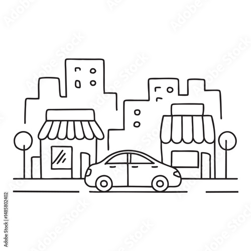 A taxi driving past a row of shops in the city