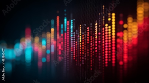 Abstract digital visualization of sound waves and music patterns with vibrant color gradients and intricate light dots